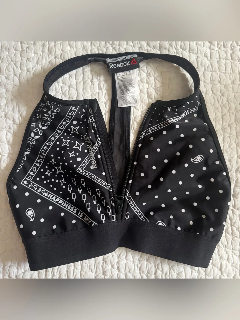 Reebok Black Sports Bra with White Bandana Print and Front Zip